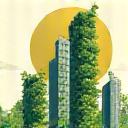 壁面緑化が施された高層ビルのイラスト