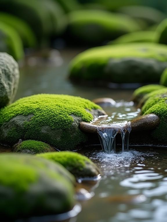 苔むした庭石と流れる水の静かなクローズアップ